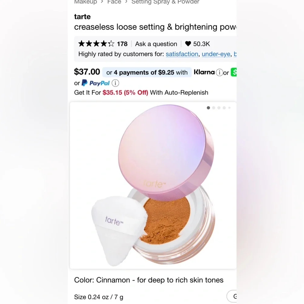 Tarte Creaseless Setting Powder - warm cinnamon shed goes from medium/dark skin